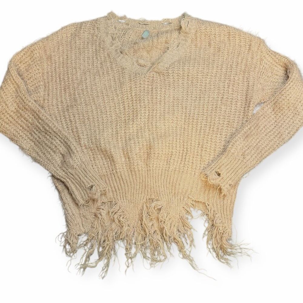MINT Women’s Tan Distressed Fringe Knit V-Neck Sweater Size Small